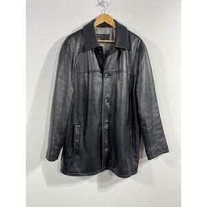 Brandini Mens Black Leather Coat Button Front Jacket Shacket Large Motorcycle